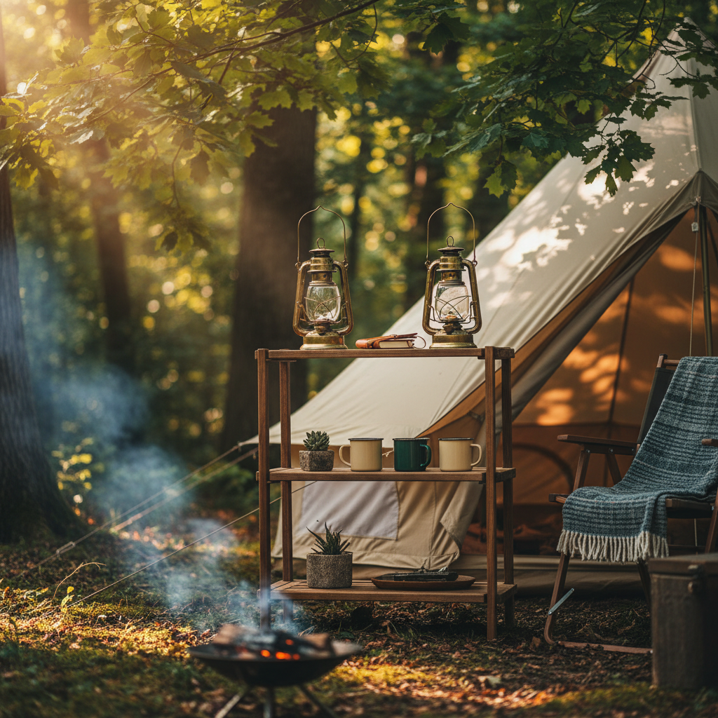 숲속 텐트 옆에 설치된 3단 원목 캠핑 선반, 선반 위에는 빈티지 랜턴과 법랑 머그컵이 가지런히 놓여 있으며 나뭇잎 사이로 따뜻한 햇살이 내리쬐는 감성적인 캠핑 장면.
