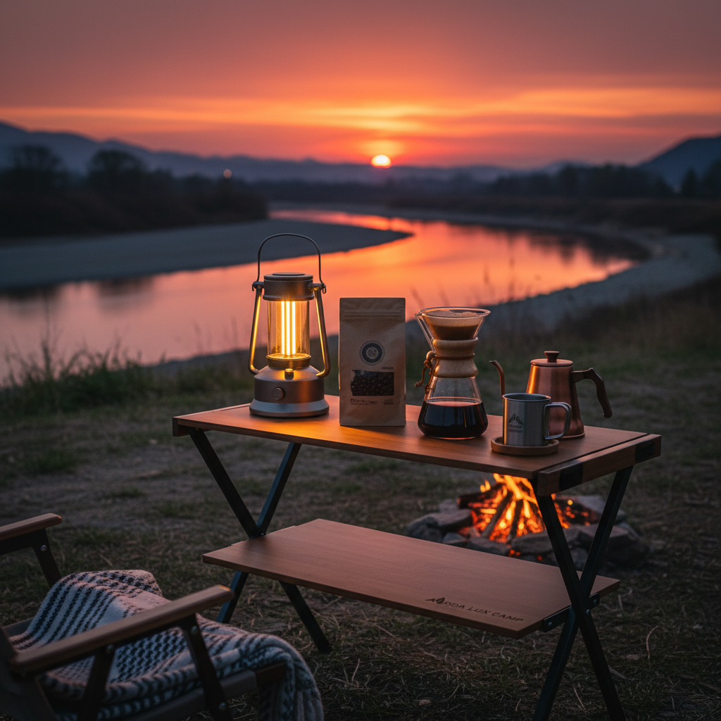 노을이 지는 강변 캠핑장에서 사용 중인 캠핑 선반, 선반 위에 놓인 따뜻한 전구색 LED 랜턴이 주변을 밝히며 커피 핸드드립 세트가 감각적으로 배치된 풍경.
