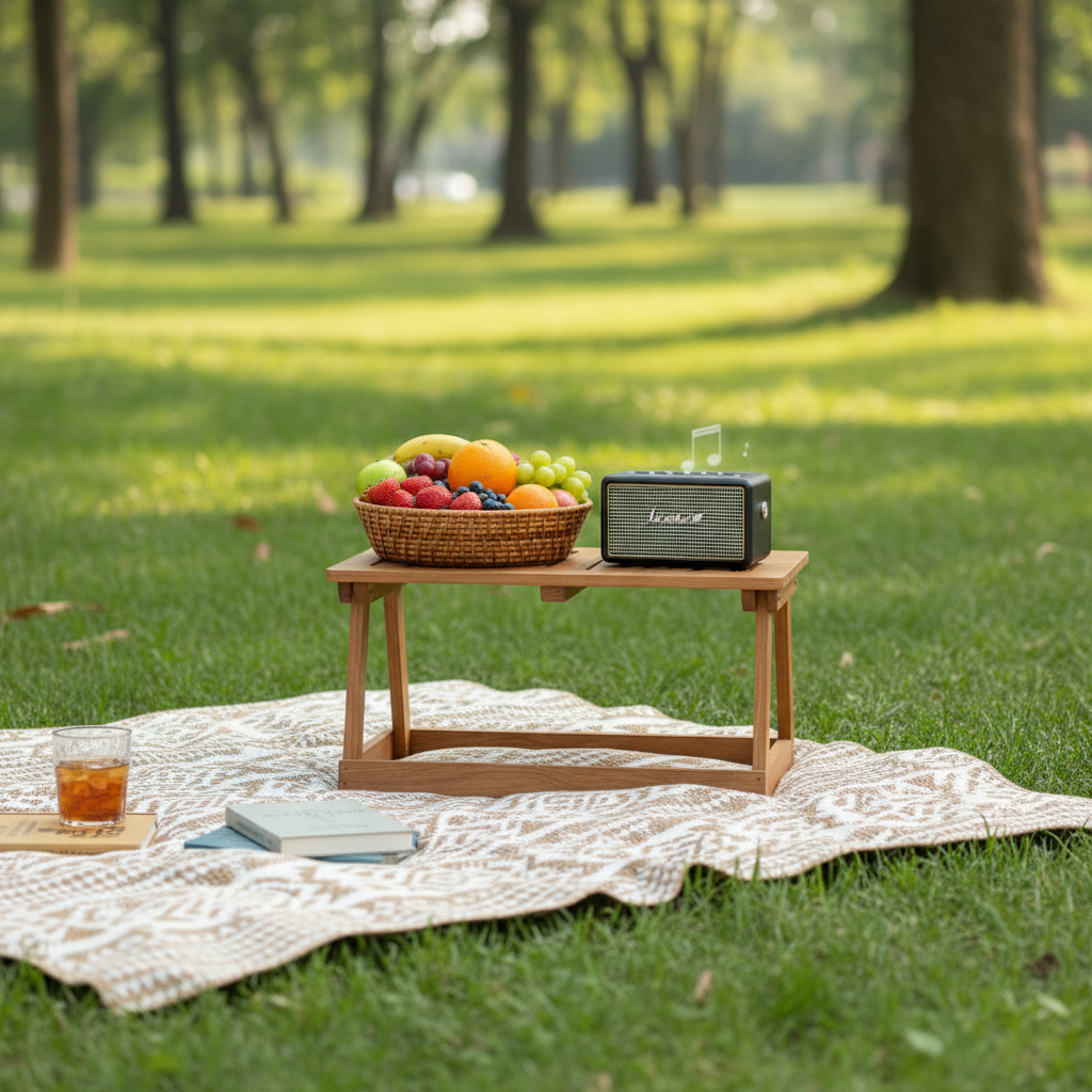 초록색 잔디밭 위 피크닉 매트 옆에 세워진 소형 2단 우드 선반, 신선한 과일 바구니와 블루투스 스피커가 놓여 있어 평화롭고 여유로운 주말 분위기를 연출함.