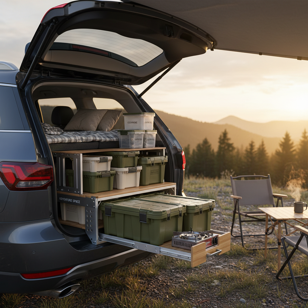 차박 캠핑 중 SUV 차량 뒷좌석 근처에 설치된 다용도 캠핑 선반, 효율적인 공간 활용을 보여주며 다양한 크기의 캠핑 박스들이 정갈하게 수납된 모습.