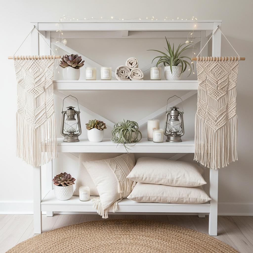 화이트 톤의 감성 캠핑 스타일로 꾸며진 선반, 선반 기둥에 걸린 마크라메 장식과 작은 다육 식물 화분이 어우러져 여성스럽고 화사한 인테리어 효과를 주는 이미지.