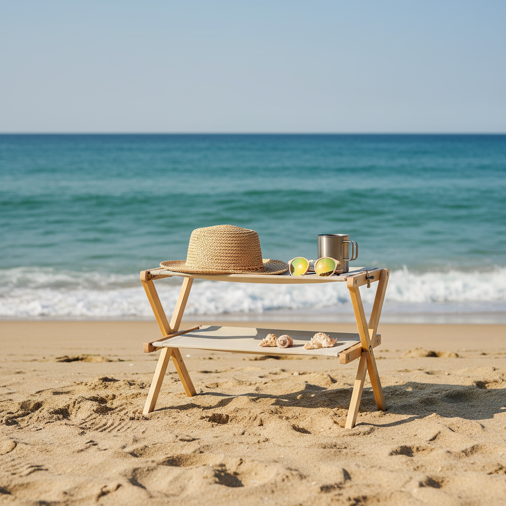 해변가 모래사장 위에 설치된 경량 캠핑 선반, 배경으로 푸른 바다와 파도가 보이며 선반 위에는 밀짚모자와 선글라스가 놓여 시원한 여름 캠핑 느낌을 전달함.